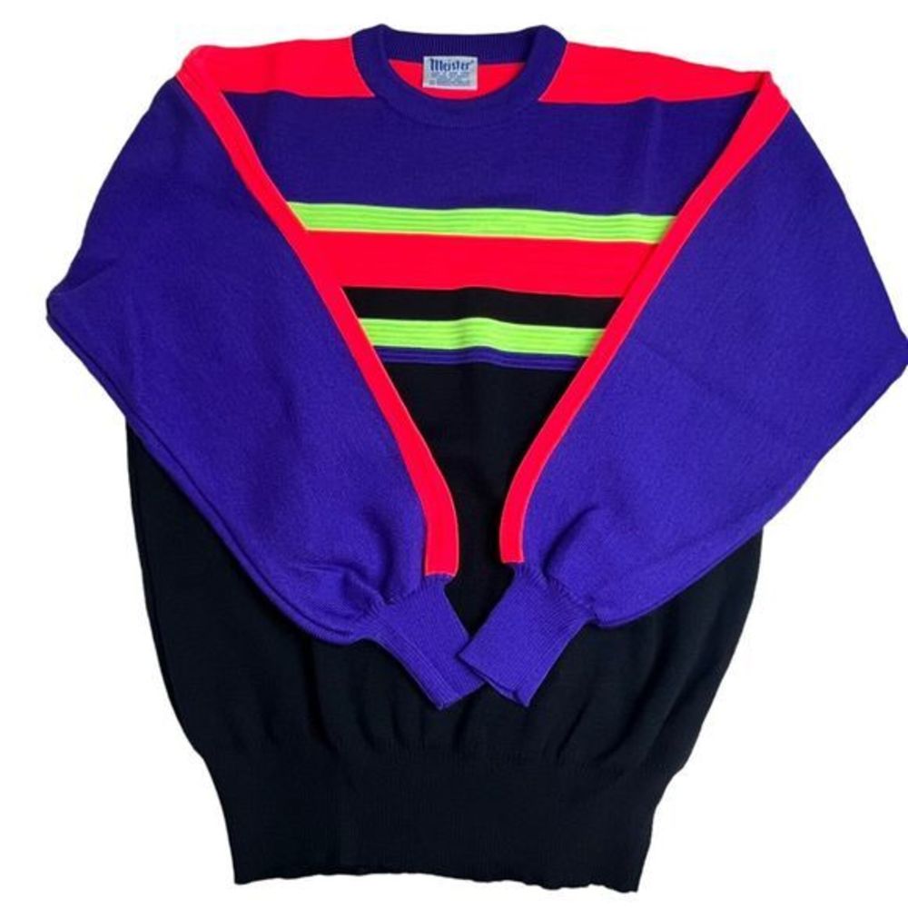Meister Vintage‎ Neon Multicolor Stripe Wool Blend Crew Neck Sweater Medium